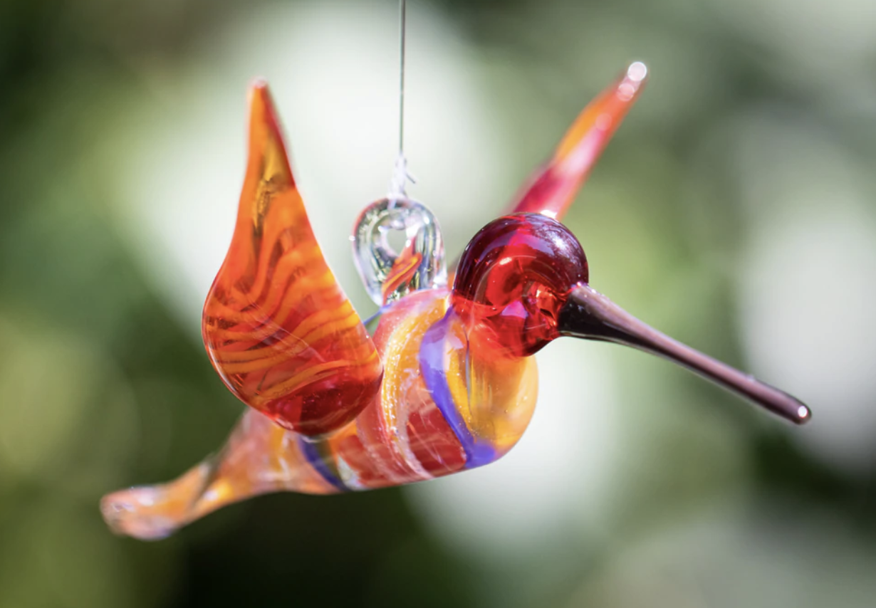 Rainbow Glass Hummingbird with Cremains Pink